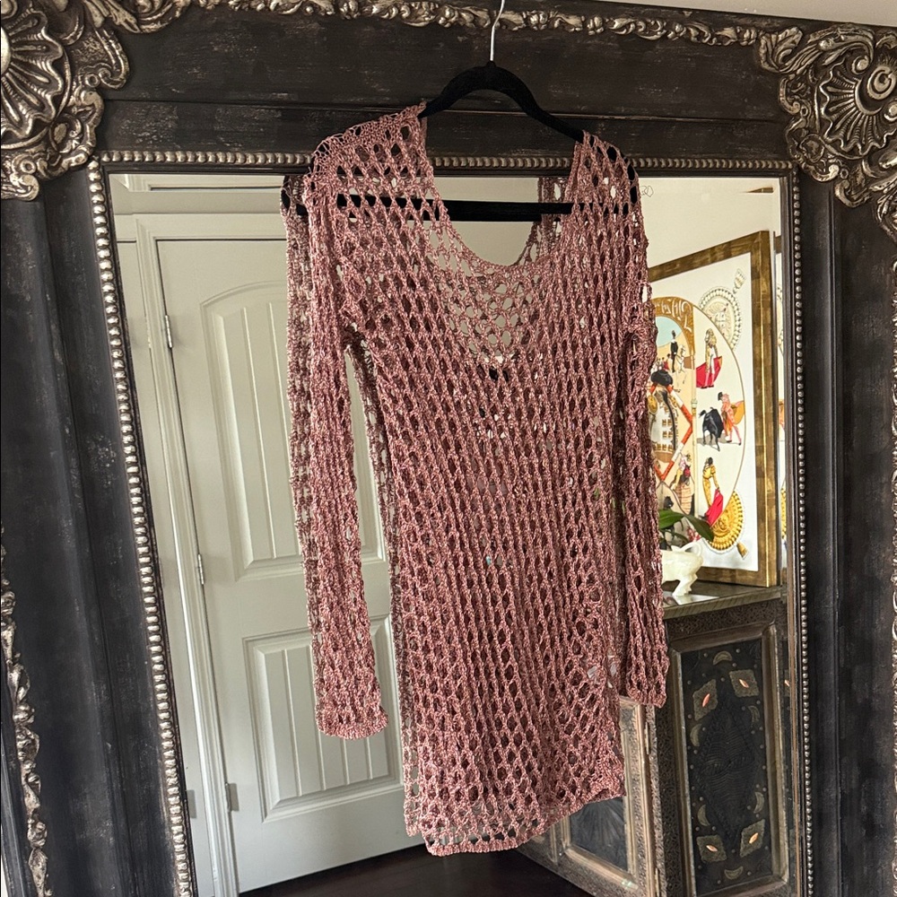 Open-Weave Long Sleeve Crochet Dress in Mocha